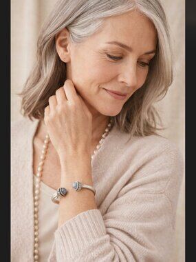 J Jill Silver Cuff Bracelet Blue Stone Cabochon Hinged Boho Artisan Coastal NWT